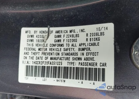 2015 Honda Accord Lx из США, поврежденный, VIN 1HGCR2F3XFA051025